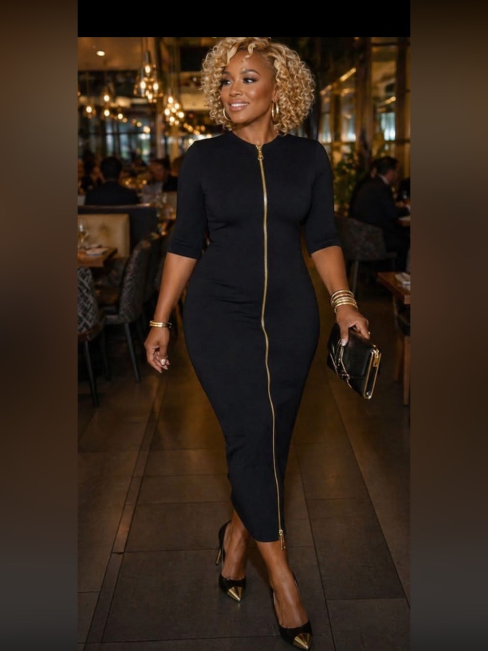 STYLEWE Black Midi Dress with Front Zip